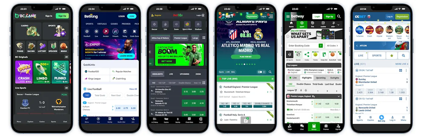 Mobile apps 1xBet, Betway, 22Bet, Bet9ja, BetKing and BC.Game Screenshots Banner